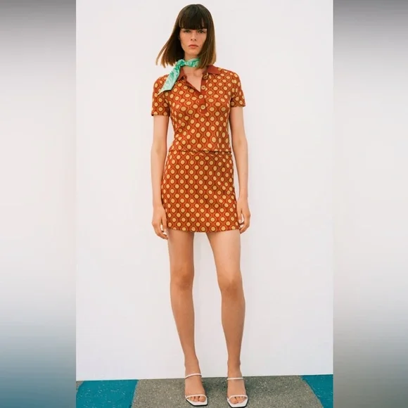 Zara Crop Collared Buttons Burnt Orange yellow Thin Soft Knit Top - Picture 3 of 11